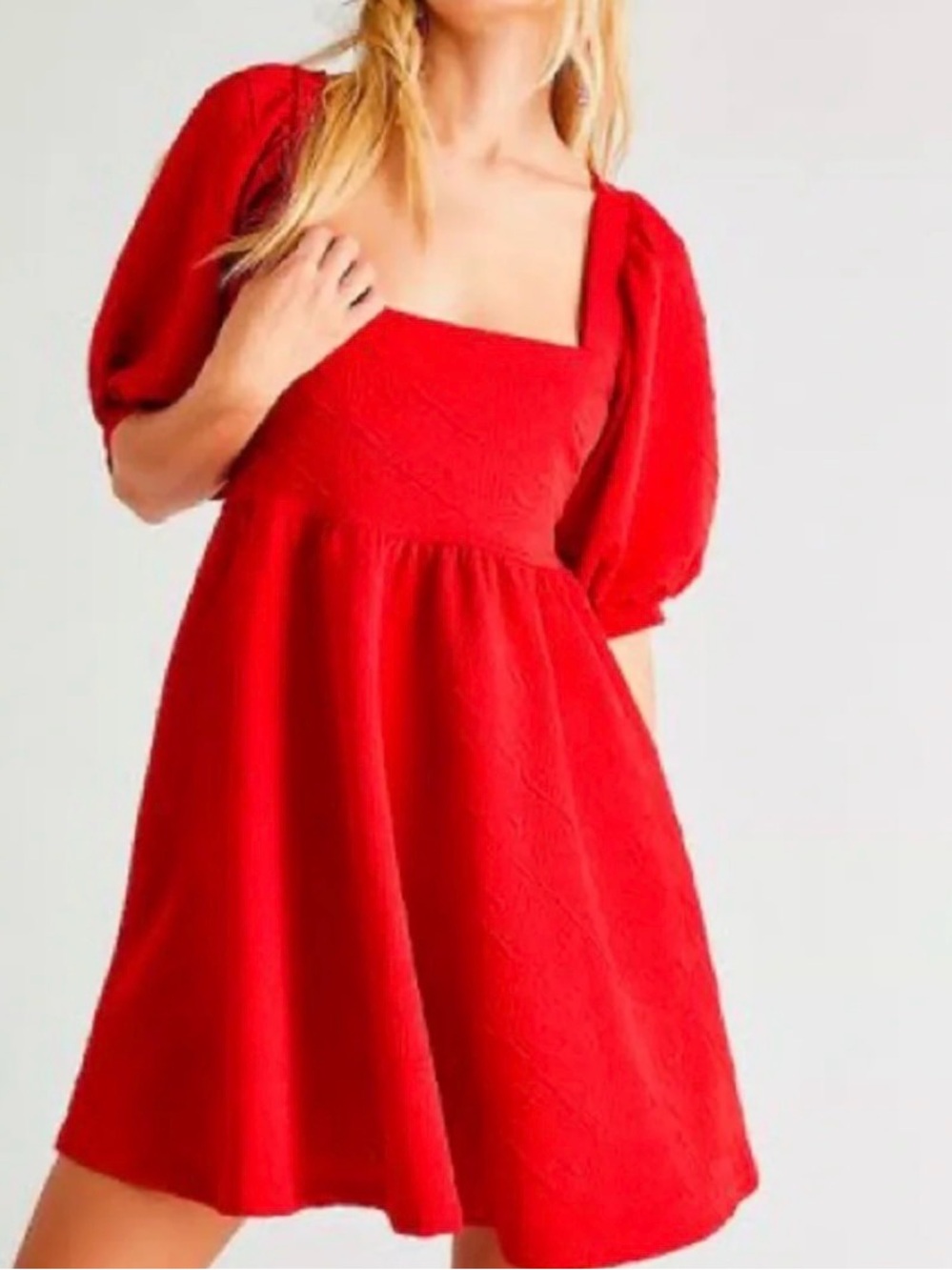 Free People Violet Mini Dress Square Neck Puff Sleeve Dress Red Size Small